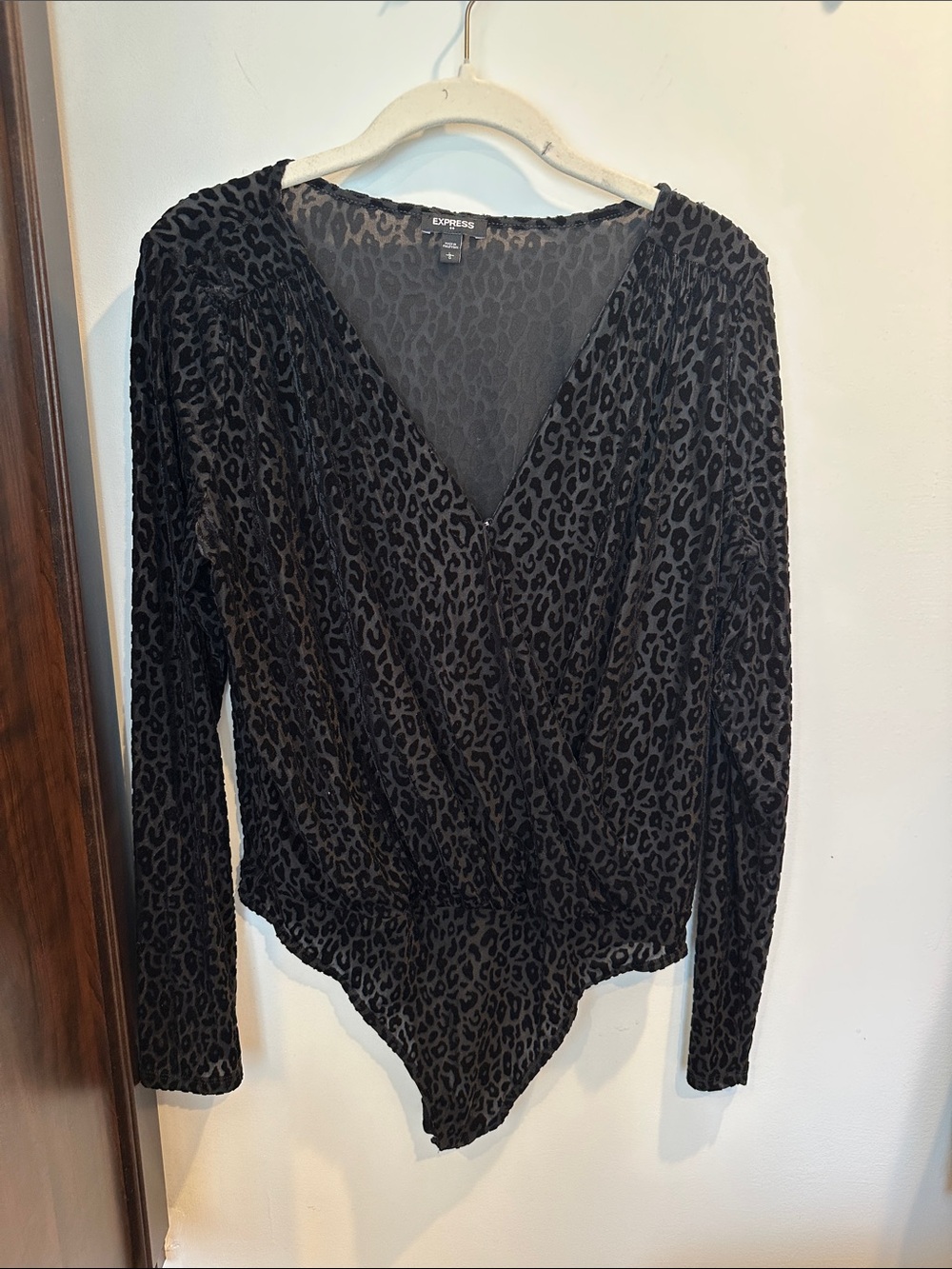 Express Black Leopard-Print Surplice Long-Sleeve Bodysuit